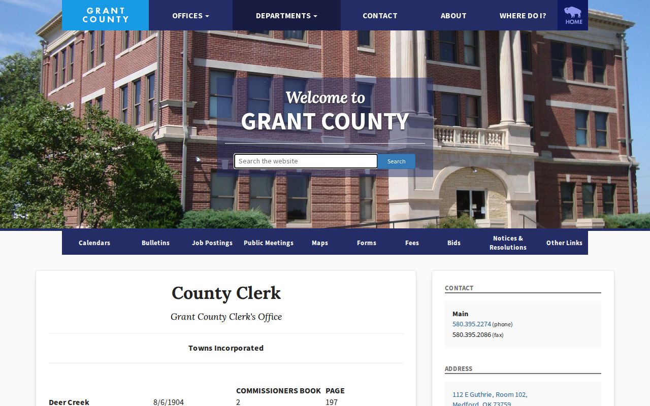 Grant County incorporated-town information for municipal court warrant routing