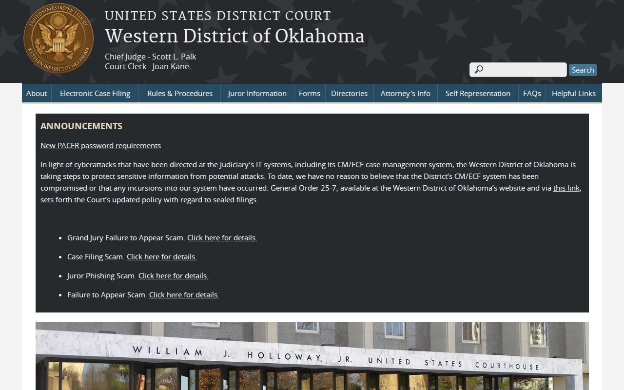 Western District of Oklahoma federal court information separate from Grant County warrants